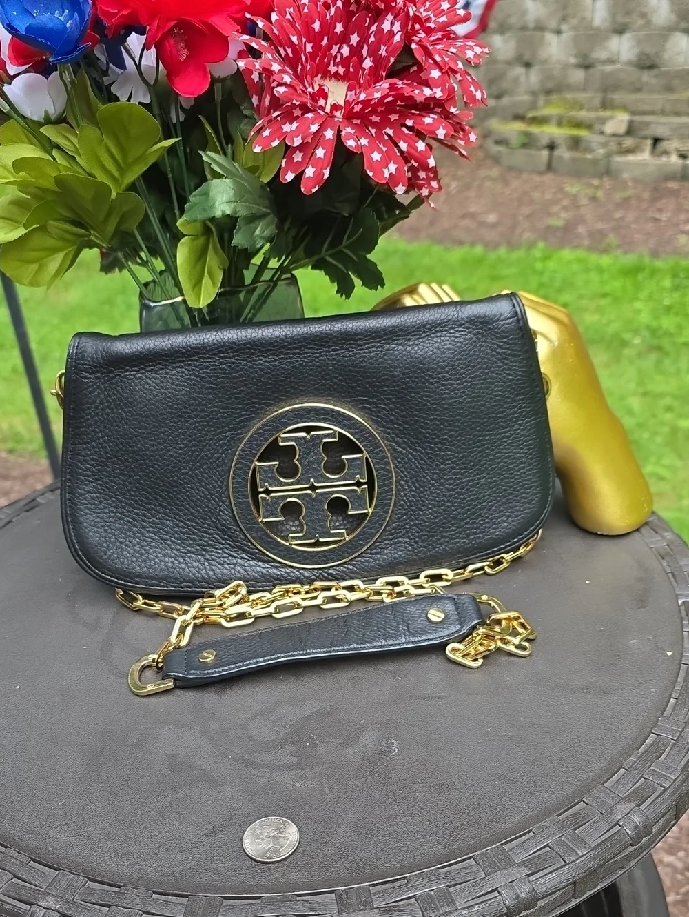 Tory Burch Black Pebbled Leather Crossbody with Gold Logo and Chain Strap